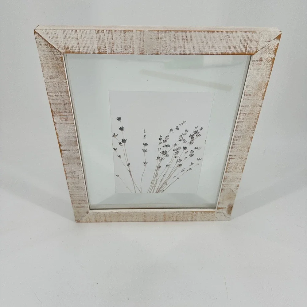 Distressed White Wood Picture Frame with Botanical Lavender Print Farmhouse Art